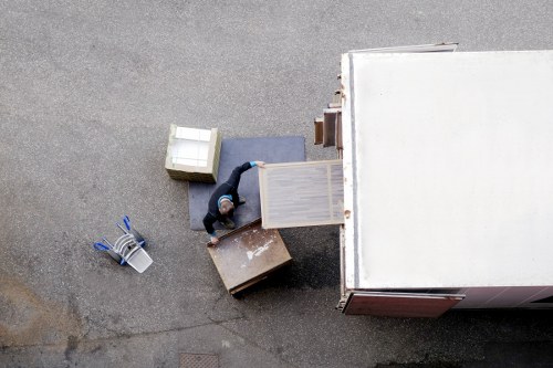 Professional man and van team handling household items
